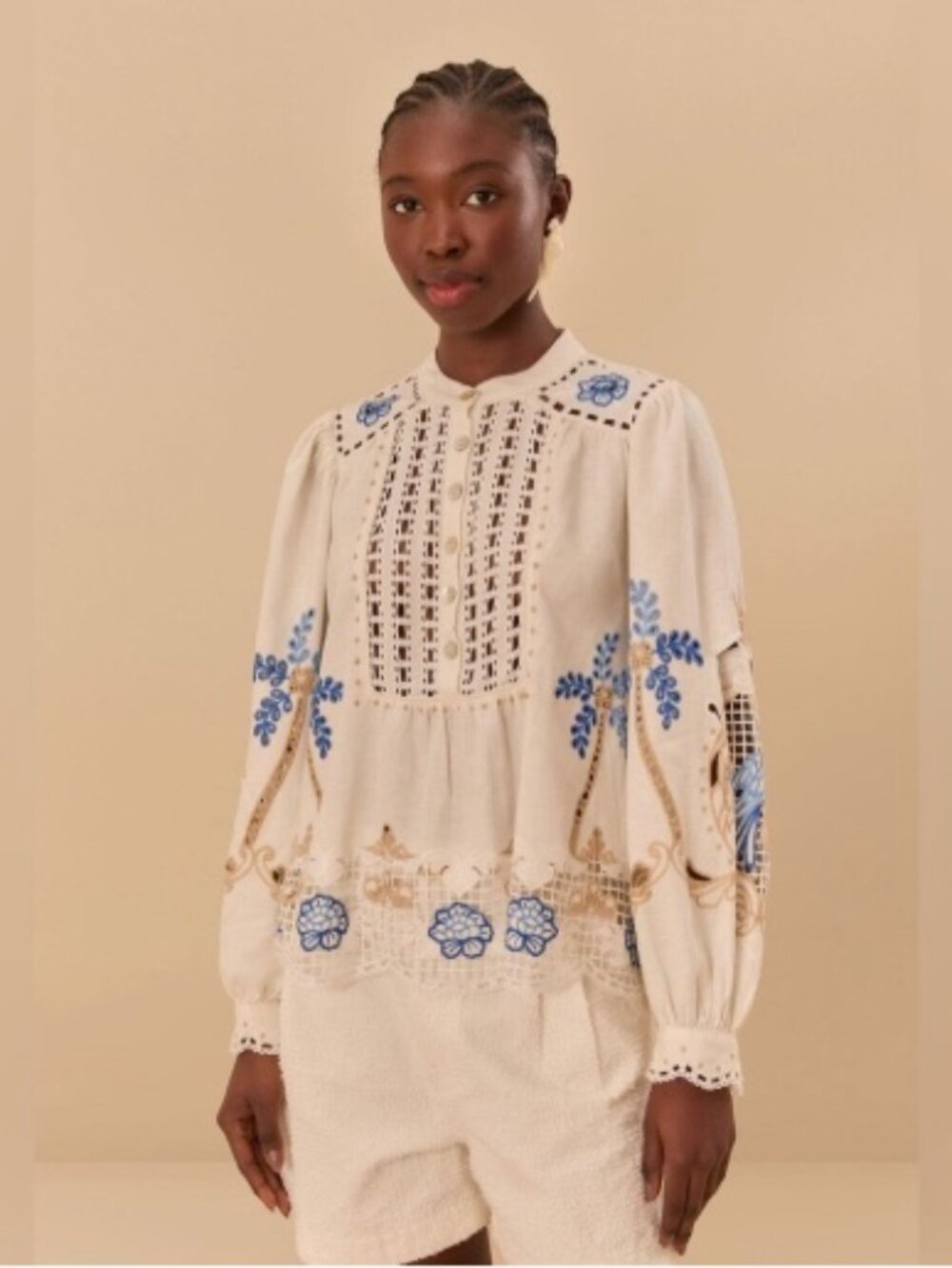 FARM Rio Creme/Blue Romantic Richelieu Embroidered Blouse/Shirt/Top  Small